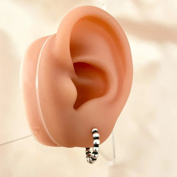 925 Sterling Silver Small Hoop Earrings Bead Earrings 14 mm Small Hoops - Picture 4 of 4